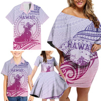 Personalised Hawaii Monk Seal Family Matching Off Shoulder Short Dress and Hawaiian Shirt Polynesian Tattoo With Tropical Flowers - Purple Gradient LT14 - Polynesian Pride