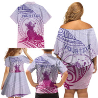 Personalised Hawaii Monk Seal Family Matching Off Shoulder Short Dress and Hawaiian Shirt Polynesian Tattoo With Tropical Flowers - Purple Gradient LT14 - Polynesian Pride