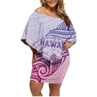 Personalised Hawaii Monk Seal Family Matching Off Shoulder Short Dress and Hawaiian Shirt Polynesian Tattoo With Tropical Flowers - Purple Gradient LT14 Mom's Dress Purple - Polynesian Pride