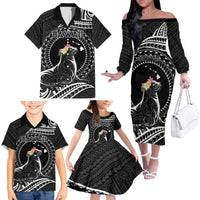 Personalised Hawaii Monk Seal Family Matching Off The Shoulder Long Sleeve Dress and Hawaiian Shirt Polynesian Tattoo With Tropical Flowers - Black LT14 - Polynesian Pride