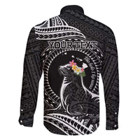 Personalised Hawaii Monk Seal Family Matching Off Shoulder Short Dress and Hawaiian Shirt Polynesian Tattoo With Tropical Flowers - Black LT14 - Polynesian Pride