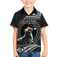Personalised Hawaii Monk Seal Family Matching Off Shoulder Short Dress and Hawaiian Shirt Polynesian Tattoo With Tropical Flowers - Black LT14 Son's Shirt Black - Polynesian Pride