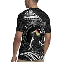 Personalised Hawaii Monk Seal Rugby Jersey Polynesian Tattoo With Tropical Flowers - Black LT14 - Polynesian Pride