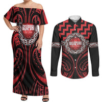 Aotearoa Ngapuhi Personalised Couples Matching Off Shoulder Maxi Dress and Long Sleeve Button Shirt Maori Iwi Poutama Puhoro Tattoo