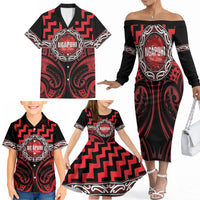Aotearoa Ngapuhi Personalised Family Matching Off The Shoulder Long Sleeve Dress and Hawaiian Shirt Maori Iwi Poutama Puhoro Tattoo