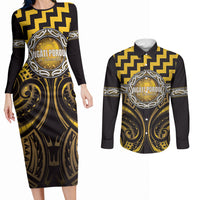 Aotearoa Ngati Porou Personalised Couples Matching Long Sleeve Bodycon Dress and Long Sleeve Button Shirt Maori Iwi Poutama Puhoro Tattoo