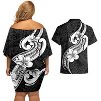 Polynesia Couples Matching Off Shoulder Short Dress and Hawaiian Shirt Plumeria With Tribal Pattern Black Vibes LT14 - Polynesian Pride