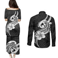 Polynesia Couples Matching Puletasi Dress and Long Sleeve Button Shirts Plumeria With Tribal Pattern Black Vibes LT14 - Polynesian Pride