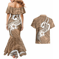 Polynesia Couples Matching Mermaid Dress and Hawaiian Shirt Plumeria With Tribal Pattern Brown Pastel Vibes LT14 - Polynesian Pride