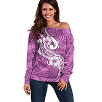 Polynesia Off Shoulder Sweater Plumeria With Tribal Pattern Pink Pastel Vibes LT14 Women Pink - Polynesian Pride