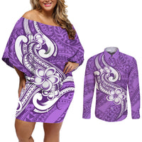 Polynesia Couples Matching Off Shoulder Short Dress and Long Sleeve Button Shirts Plumeria With Tribal Pattern Purple Pastel Vibes LT14 Purple - Polynesian Pride