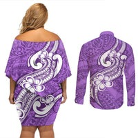 Polynesia Couples Matching Off Shoulder Short Dress and Long Sleeve Button Shirts Plumeria With Tribal Pattern Purple Pastel Vibes LT14 - Polynesian Pride