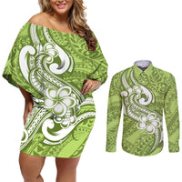 Polynesia Couples Matching Off Shoulder Short Dress and Long Sleeve Button Shirts Plumeria With Tribal Pattern Green Pastel Vibes LT14 Green - Polynesian Pride