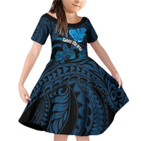 Personalised Tahiti Moorea Atoll Family Matching Off Shoulder Short Dress and Hawaiian Shirt Polynesian Sea Turtle LT14 Daughter's Dress Blue - Polynesian Pride