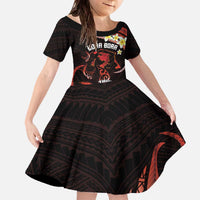 Personalised Tahiti Bora Bora Family Matching Off The Shoulder Long Sleeve Dress and Hawaiian Shirt Manta Rays With Polynesian Plumeria LT14 Daughter's Dress Red - Polynesian Pride