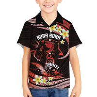 Personalised Tahiti Bora Bora Family Matching Off The Shoulder Long Sleeve Dress and Hawaiian Shirt Manta Rays With Polynesian Plumeria LT14 Son's Shirt Red - Polynesian Pride