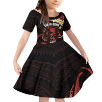 Personalised Tahiti Bora Bora Family Matching Off Shoulder Short Dress and Hawaiian Shirt Manta Rays With Polynesian Plumeria LT14 Daughter's Dress Red - Polynesian Pride