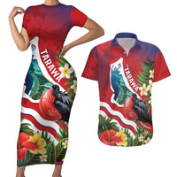 Personalised Kiribati Tarawa Atoll Couples Matching Short Sleeve Bodycon Dress and Hawaiian Shirt Frigate Bird With Map Tropical Style LT14 Red - Polynesian Pride