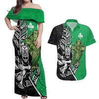 New Zealand and Ireland Rugby Custom Couples Matching Off Shoulder Maxi Dress and Hawaiian Shirt Maori Tiki Fern Irish Celtic Cross LT14 Green - Polynesian Pride