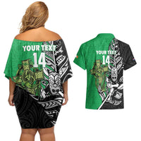 New Zealand and Ireland Rugby Custom Couples Matching Off Shoulder Short Dress and Hawaiian Shirt Maori Tiki Fern Irish Celtic Cross LT14 - Polynesian Pride