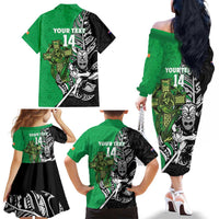 New Zealand and Ireland Rugby Custom Family Matching Off The Shoulder Long Sleeve Dress and Hawaiian Shirt Maori Tiki Fern Irish Celtic Cross LT14 - Polynesian Pride