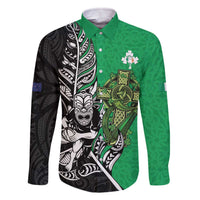 New Zealand and Ireland Rugby Custom Family Matching Off The Shoulder Long Sleeve Dress and Hawaiian Shirt Maori Tiki Fern Irish Celtic Cross LT14 Dad's Shirt - Long Sleeve Green - Polynesian Pride