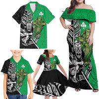 New Zealand and Ireland Rugby Custom Family Matching Off Shoulder Maxi Dress and Hawaiian Shirt Maori Tiki Fern Irish Celtic Cross LT14 - Polynesian Pride