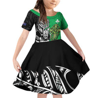 New Zealand and Ireland Rugby Custom Family Matching Off Shoulder Short Dress and Hawaiian Shirt Maori Tiki Fern Irish Celtic Cross LT14 Daughter's Dress Green - Polynesian Pride