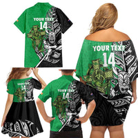 New Zealand and Ireland Rugby Custom Family Matching Off Shoulder Short Dress and Hawaiian Shirt Maori Tiki Fern Irish Celtic Cross LT14 - Polynesian Pride