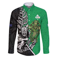 New Zealand and Ireland Rugby Custom Family Matching Tank Maxi Dress and Hawaiian Shirt Maori Tiki Fern Irish Celtic Cross LT14 Dad's Shirt - Long Sleeve Green - Polynesian Pride