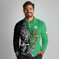 New Zealand and Ireland Rugby Custom Long Sleeve Polo Shirt Maori Tiki Fern Irish Celtic Cross LT14 - Polynesian Pride