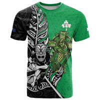 New Zealand and Ireland Rugby Custom T Shirt Maori Tiki Fern Irish Celtic Cross LT14 Green - Polynesian Pride