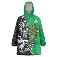 New Zealand and Ireland Rugby Custom Wearable Blanket Hoodie Maori Tiki Fern Irish Celtic Cross LT14 One Size Green - Polynesian Pride