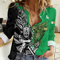 New Zealand and Ireland Rugby Custom Women Casual Shirt Maori Tiki Fern Irish Celtic Cross LT14 Female Green - Polynesian Pride