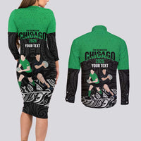 New Zealand and Ireland Rugby Custom Couples Matching Long Sleeve Bodycon Dress and Long Sleeve Button Shirt Chicago 2025 Go All Black Shamrocks LT14 - Polynesian Pride