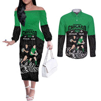 New Zealand and Ireland Rugby Custom Couples Matching Off The Shoulder Long Sleeve Dress and Long Sleeve Button Shirt Chicago 2025 Go All Black Shamrocks LT14 Black - Polynesian Pride