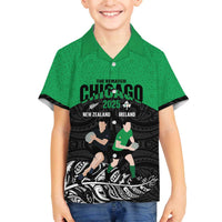 New Zealand and Ireland Rugby Custom Family Matching Off The Shoulder Long Sleeve Dress and Hawaiian Shirt Chicago 2025 Go All Black Shamrocks LT14 Son's Shirt Black - Polynesian Pride