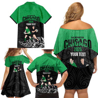 New Zealand and Ireland Rugby Custom Family Matching Off Shoulder Short Dress and Hawaiian Shirt Chicago 2025 Go All Black Shamrocks LT14 - Polynesian Pride