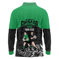 New Zealand and Ireland Rugby Custom Long Sleeve Polo Shirt Chicago 2025 Go All Black Shamrocks LT14 - Polynesian Pride