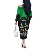 New Zealand and Ireland Rugby Custom Off The Shoulder Long Sleeve Dress Chicago 2025 Go All Black Shamrocks LT14 - Polynesian Pride