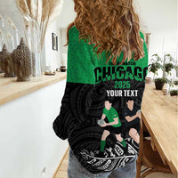 New Zealand and Ireland Rugby Custom Women Casual Shirt Chicago 2025 Go All Black Shamrocks LT14 - Polynesian Pride