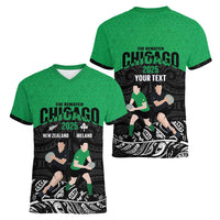 New Zealand and Ireland Rugby Custom Women V-Neck T-Shirt Chicago 2025 Go All Black Shamrocks LT14 - Polynesian Pride