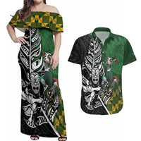New Zealand and South Africa Rugby Custom Couples Matching Off Shoulder Maxi Dress and Hawaiian Shirt Maori Tiki Fern Springboks Kente Pattern LT14 Green - Polynesian Pride
