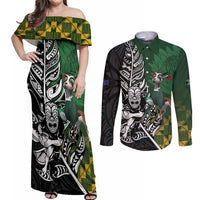 New Zealand and South Africa Rugby Custom Couples Matching Off Shoulder Maxi Dress and Long Sleeve Button Shirt Maori Tiki Fern Springboks Kente Pattern LT14 Green - Polynesian Pride