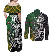 New Zealand and South Africa Rugby Custom Couples Matching Off Shoulder Maxi Dress and Long Sleeve Button Shirt Maori Tiki Fern Springboks Kente Pattern LT14 - Polynesian Pride