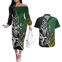 New Zealand and South Africa Rugby Custom Couples Matching Off The Shoulder Long Sleeve Dress and Hawaiian Shirt Maori Tiki Fern Springboks Kente Pattern LT14 Green - Polynesian Pride