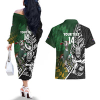 New Zealand and South Africa Rugby Custom Couples Matching Off The Shoulder Long Sleeve Dress and Hawaiian Shirt Maori Tiki Fern Springboks Kente Pattern LT14 - Polynesian Pride