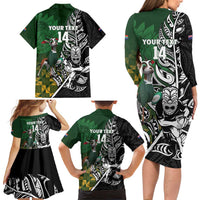 New Zealand and South Africa Rugby Custom Family Matching Long Sleeve Bodycon Dress and Hawaiian Shirt Maori Tiki Fern Springboks Kente Pattern LT14 - Polynesian Pride