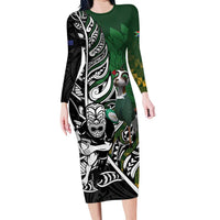 New Zealand and South Africa Rugby Custom Family Matching Long Sleeve Bodycon Dress and Hawaiian Shirt Maori Tiki Fern Springboks Kente Pattern LT14 Mom's Dress Green - Polynesian Pride