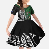 New Zealand and South Africa Rugby Custom Family Matching Tank Maxi Dress and Hawaiian Shirt Maori Tiki Fern Springboks Kente Pattern LT14 Daughter's Dress Green - Polynesian Pride
